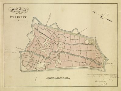 214239 Plattegrond van de binnenstad van Utrecht; met weergave van het stratenplan, watergangen en plantsoenen; met ...